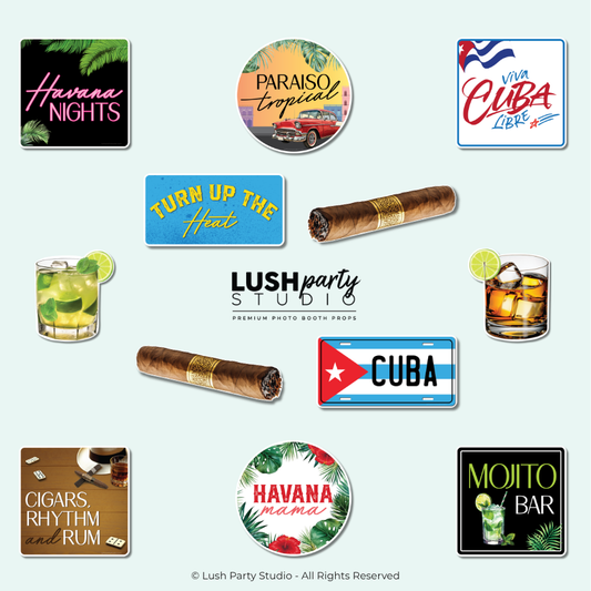 Cuban-themed photo booth props and graphics with cigars, drinks for havana nights party