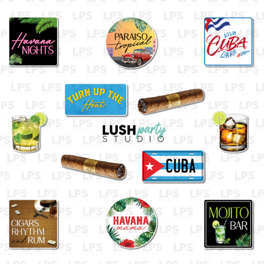 Cuban-themed photo booth props and graphics with cigars, drinks for havana nights party