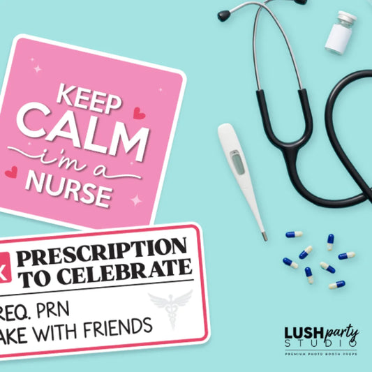 Nursing-themed props including a 'Keep Calm I'm a Nurse' sign, stethoscope, thermometer, and pills on a light blue background.