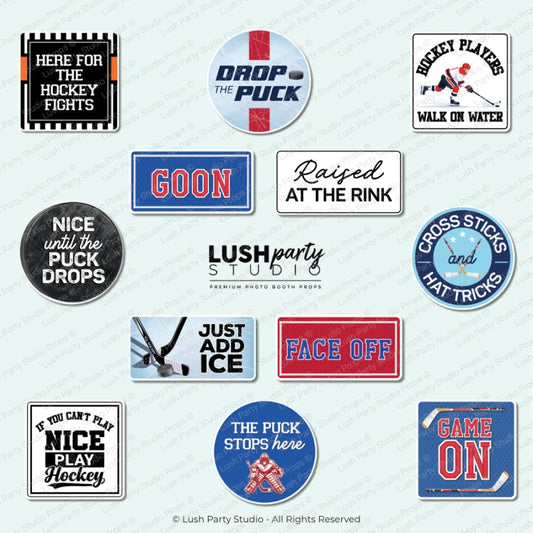 Collection of hockey-themed photo booth prop signs by lush party studio