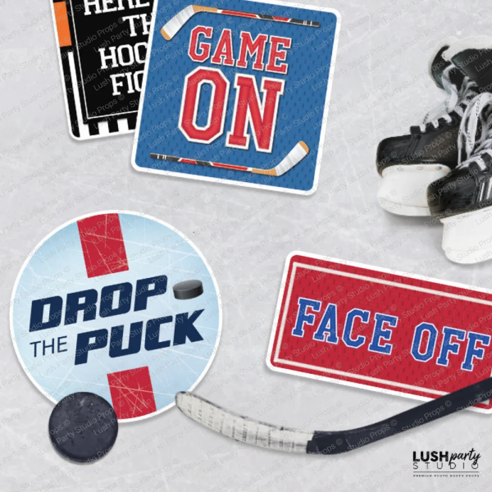 Hockey-themed photobooth props by lush party studio