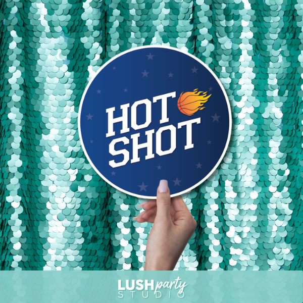 basketball photo booth prop with 'Hot Shot' text by lush party studio