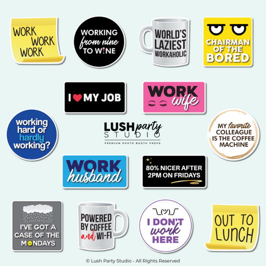 Collection of office corporate photo booth props with humorous sayings for parties and events