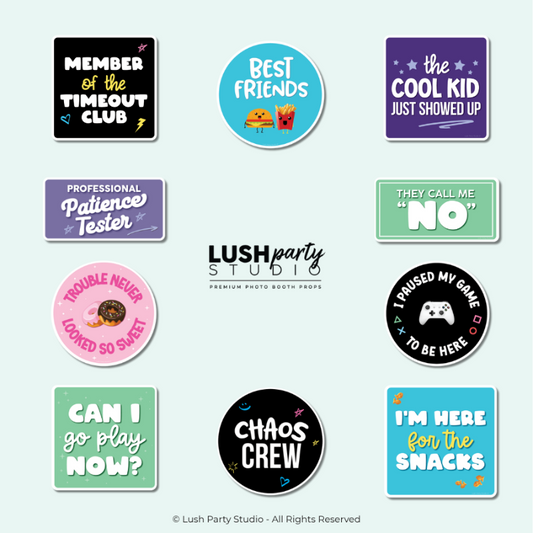 Collection of colorful photobooth props for kids, children events, etc with humorous text  by Lush Party Studio.