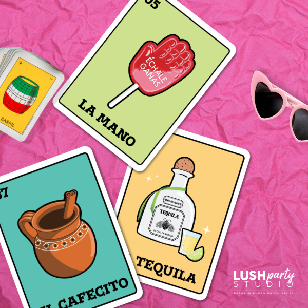 Collection of colorful photo booth props with loteria cards. Mexican Lotería photo booth props – vibrant fiesta party set