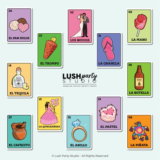 Collection of colorful photo booth props with loteria cards. Mexican Lotería photo booth props – vibrant fiesta party set