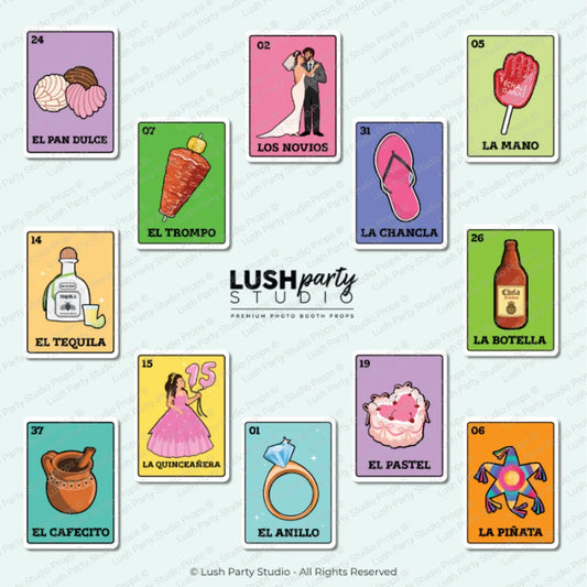 Collection of colorful photo booth props with loteria cards. Mexican Lotería photo booth props – vibrant fiesta party set