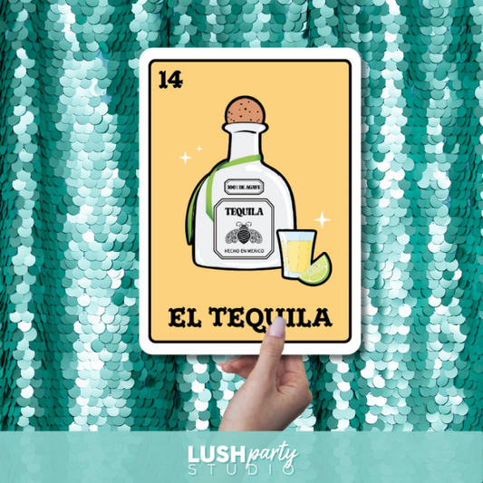 photo booth loteria prop with tequila bottle by lush party studio