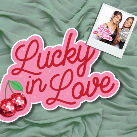photo booth prop with 'Lucky in Love' text by Lush Party Studio 