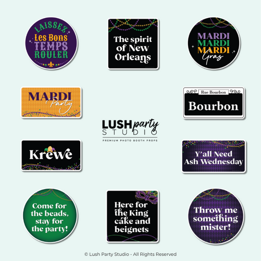Collection of Mardi Gras photo booth props for masquerade and mardi gras parties by Lush Party Studio.