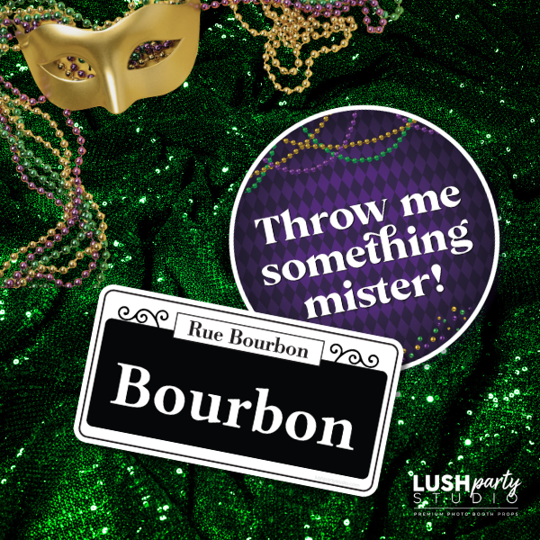 Decorative elements with a mask, beads, and street sign on a green glittery background.