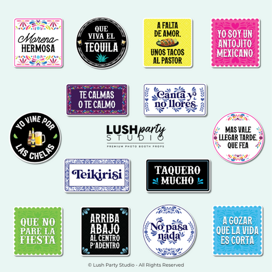 Collection of colorful Mexican photo booth props for fiestas, cinco de mayo parties by lush party studio