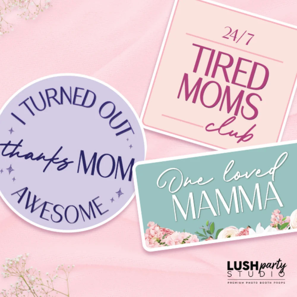 Photo booth prop signs with Mother's Day-themed text by 'Lush Party Studio'.