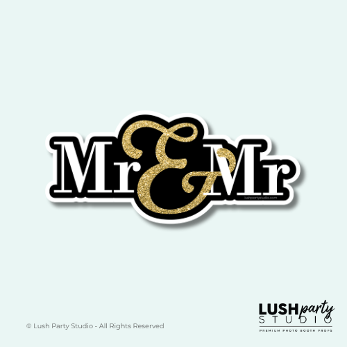 Decorative text 'Mr & Mr' with gold and black design on a light gray background, featuring the Lush Party Studio logo.