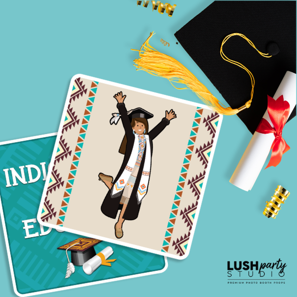Native Graduation photo booth props with a card, cap, and diploma on a blue background.