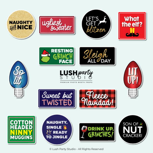 Collection of colorful Christmas photo booth props with funny sayings by lush party studio