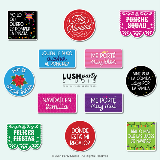 Collection of festive photo booth props in spanish for navidad parties and holidays