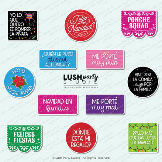 Collection of festive photo booth props in spanish for navidad parties and holidays