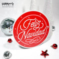 Load image into Gallery viewer, photobooth prop with 'Feliz Navidad' text surrounded by Christmas ornaments on a white background.
