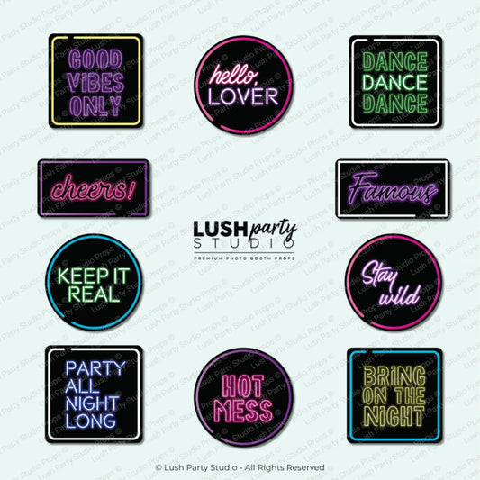 Collection of neon-style text signs with party phrases by Lush Party Studio 