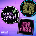 Load image into Gallery viewer, Neon photo booth prop signs with 'Bar Open', 'Bring on the Night', and 'Hot Mess' text by Lush Party Studio.

