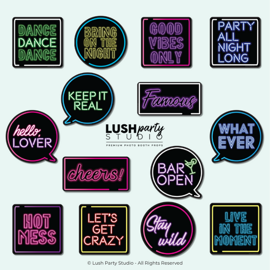 Collection of neon-style text signs with party phrases by Lush Party Studio 