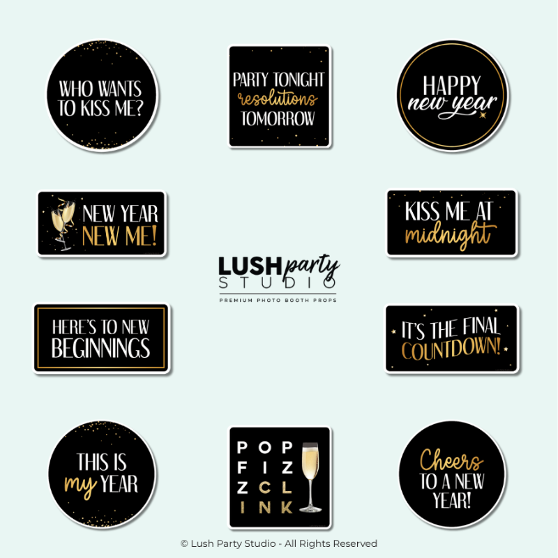 Collection of New Year's Eve photo booth props for parties and celebrations