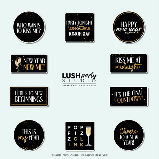 Collection of New Year's Eve photo booth props for parties and celebrations