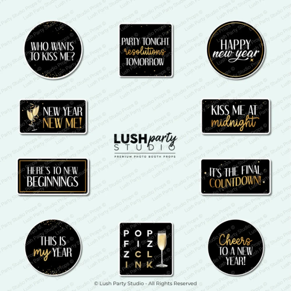 Collection of New Year's Eve photo booth props for parties and celebrations