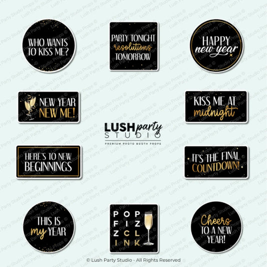 Collection of New Year's Eve photo booth props for parties and celebrations
