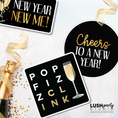 Load image into Gallery viewer, New Year's Eve photo booth props with champagne graphics and celebratory text by lush party studio
