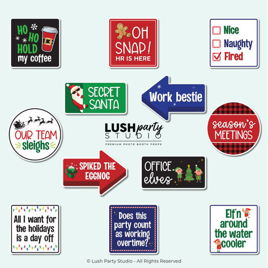 Collection of office christmas holiday party photo booth props with funny sayings by lush party studio