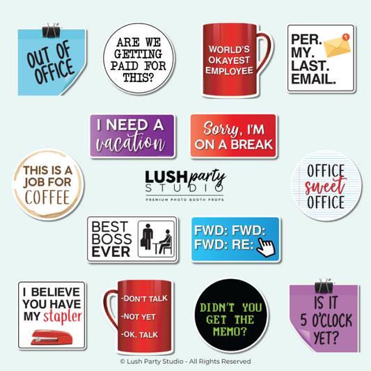 Collection of office corporate photobooth prop signs with funny sayings by Lush Party Studio