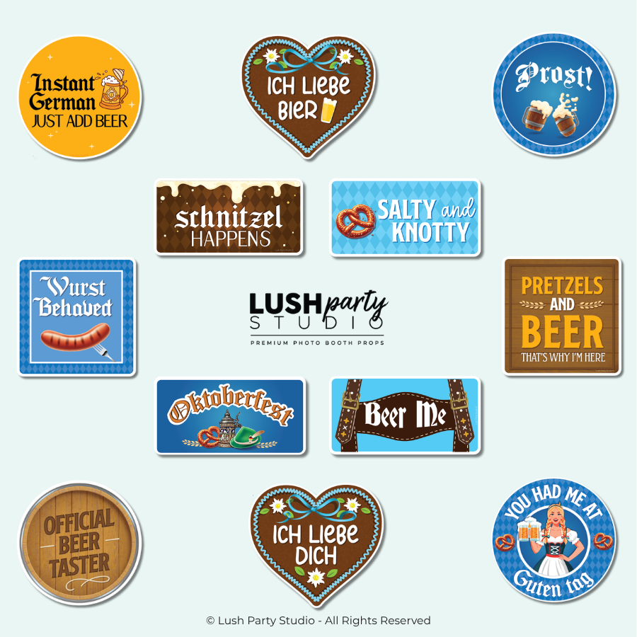 Collection of Oktoberfest-themed photo booth props with various beer and german sayings Oktoberfest photo booth props, beer festival props, brewery event 