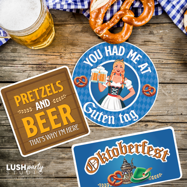 Oktoberfes photobooth props on a wooden surface with beer and pretzels.