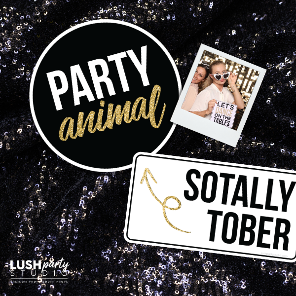 Photobooth props with 'Party animal' and 'Sotally Tober' text 