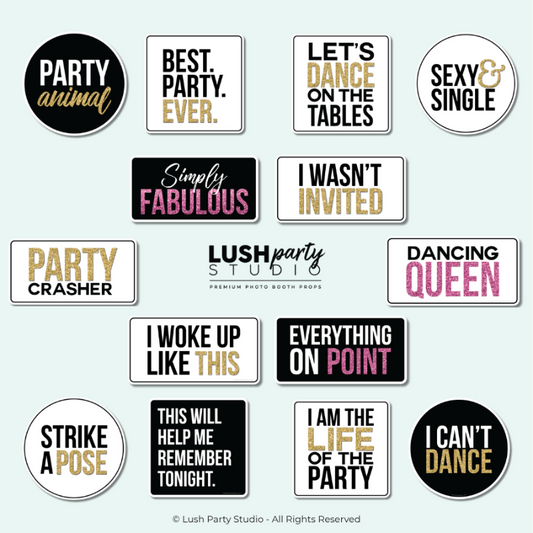Collection of party-themed photo booth props with funny sayings by lush party studio