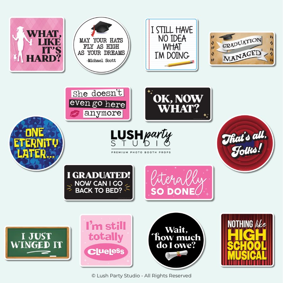 Set of funny pop culture graduation photo booth props for modern graduations