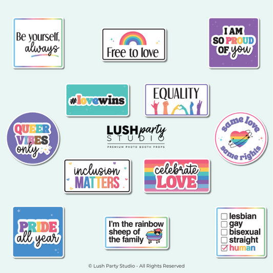 Set of Pride LGB photo booth props for pride month events by lush party studio