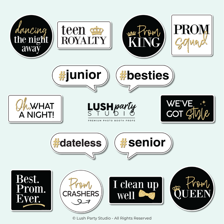 Set of prom photo booth prop signs in black white and gold for prom parties and events by lush party studio
Glam Prom photo booth props set for high school prom night