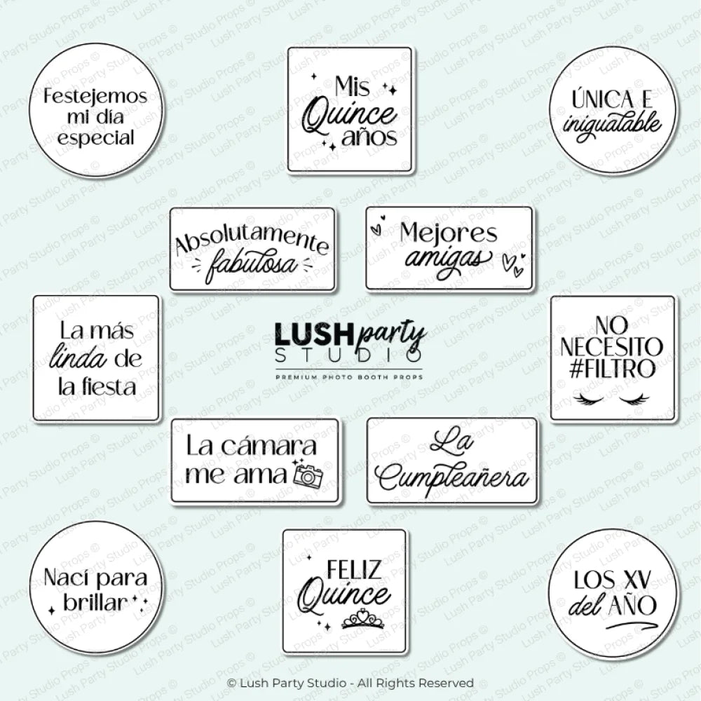 Glam Photo Booth props for quinceanera, black and white, modern and stylish. Sweet 15 by Lush Party Studio
