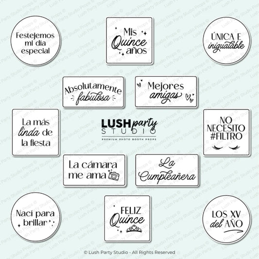 Glam Photo Booth props for quinceanera, black and white, modern and stylish. Sweet 15 by Lush Party Studio