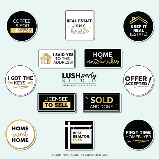 Set of real estate photo booth props with home selling and buying saying by lush party studio
