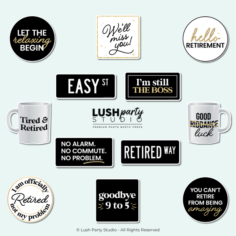 Set of retirement photo booth prop signs with funny retirement party sayings. 