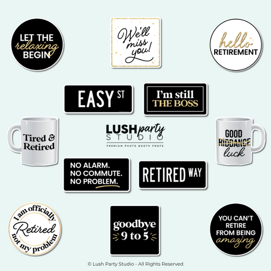 Set of retirement photo booth prop signs with funny retirement party sayings. 