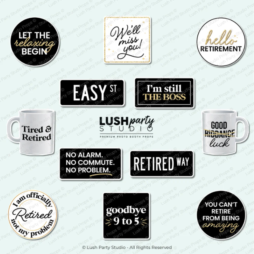 Set of retirement photo booth prop signs with funny retirement party sayings. 