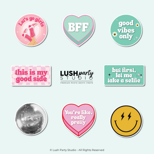 Collection of colorful photo booth props with party text and retro graphics by Lush Party Studio 