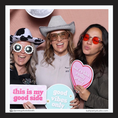 Load image into Gallery viewer, Three people in a photo booth with props and sign by lush party studio
