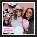 Load image into Gallery viewer, Three people in a photo booth with props and sign by lush party studio
