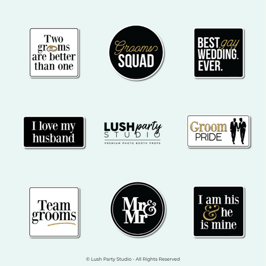 Set of same-sex themed photo booth props for men classy and elegant gay wedding props by lush party studio